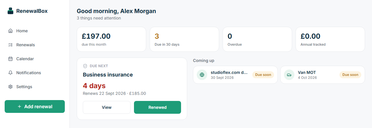 RenewalBox dashboard showing an upcoming Business insurance renewal in 4 days, plus two more renewals coming up