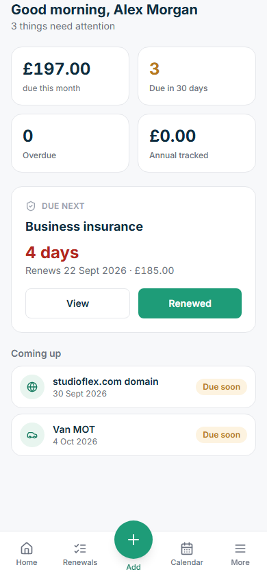 RenewalBox dashboard on a phone, showing the same upcoming renewals as the desktop app